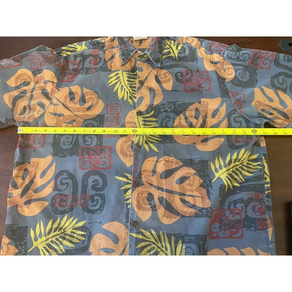 Go Barefoot Hawaiian Shirt Mens L Blue Orange‎ Tropical Monstera Made in USA